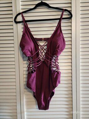 Ambrielle XL Strappy Burgundy one piece swimsuit